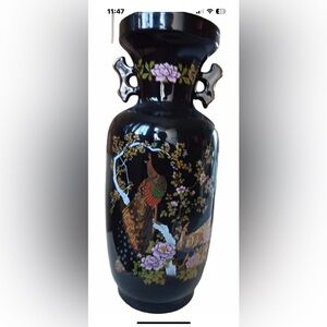 Japanese Vase 12” Tall with Peacock and Floral Design Gold Accents